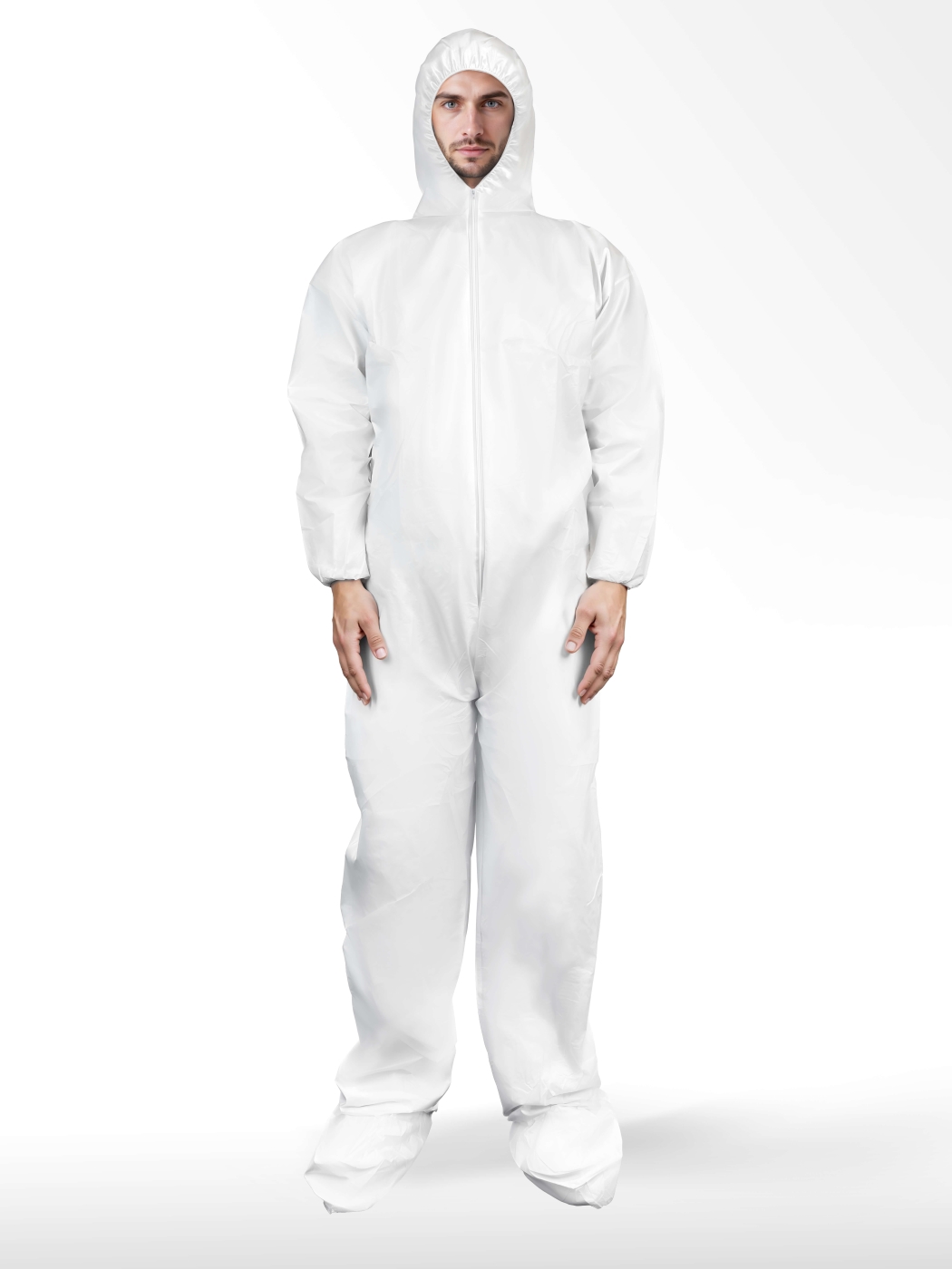 SMS LIGHTWEIGHT COVERALLS WITH HOOD, BOOTS, ZIPPER, AND ELASTIC CUFFS