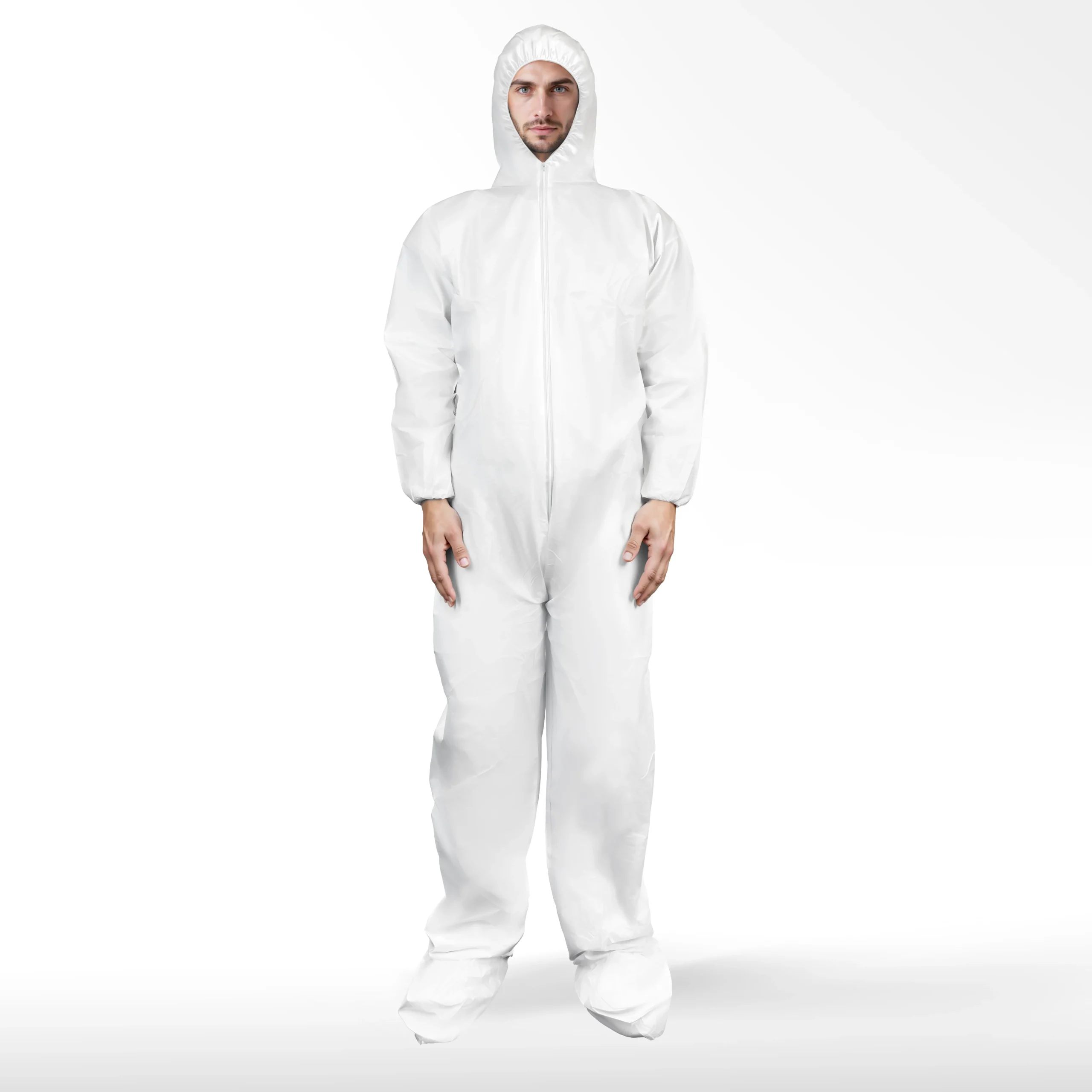 SMS LIGHTWEIGHT COVERALLS WITH HOOD, BOOTS, ZIPPER, AND ELASTIC CUFFS